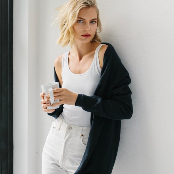 100% Cashmere Gossamer Wrap Sweater, Navy OS - Picture 4 of 6